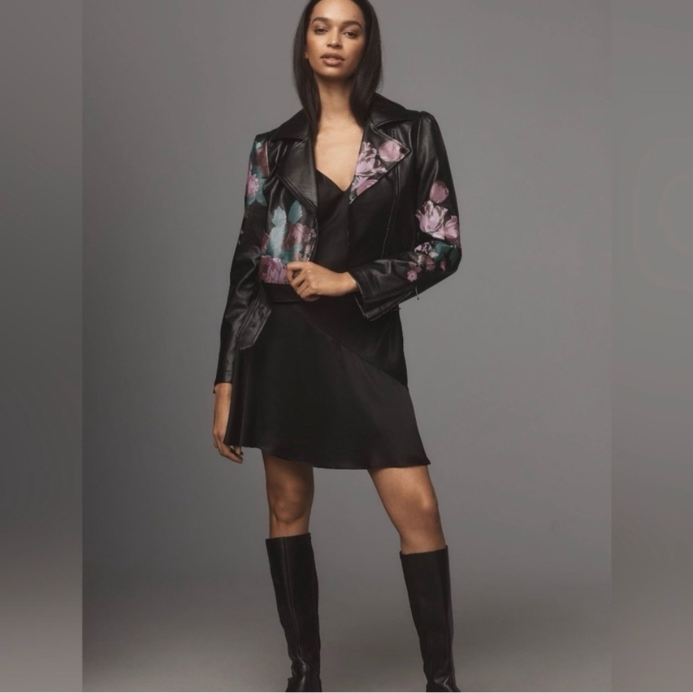 Anthropologie Faux Black Leather Moto Jacket with Purple Floral Design